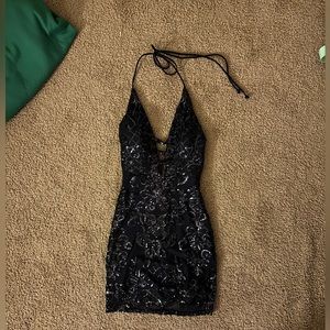 Blondie Nites Blue Sequin Junior Mini Halter Dress